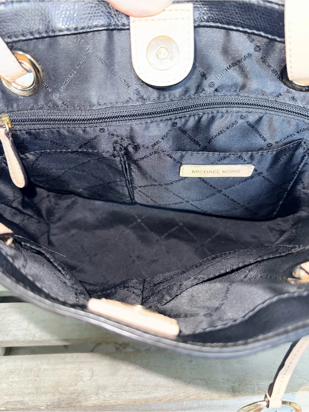 Michael Kors Bedford Medium Pocket Tote Black Saffiano Leather Tan Straps